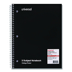 Universal Wirebound Notebook, 3-Subject, Medium/College Rule, Black Cover, (120) 11 x 8.5 Sheets (UNV66400)