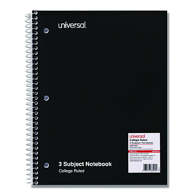 Universal Wirebound Notebook, 3-Subject, Medium/College Rule, Black Cover, (120) 11 x 8.5 Sheets (UNV66400)