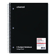 Universal Wirebound Notebook, 5-Subject, Medium/College Rule, Black Cover, (200) 11 x 8.5 Sheets (UNV66500)