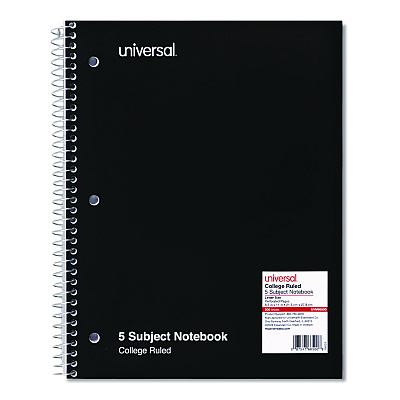 Universal Wirebound Notebook, 5-Subject, Medium/College Rule, Black Cover, (200) 11 x 8.5 Sheets (UNV66500)