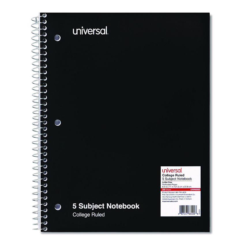 Universal Wirebound Notebook, 5-Subject, Medium/College Rule, Black Cover, (200) 11 x 8.5 Sheets (UNV66500)