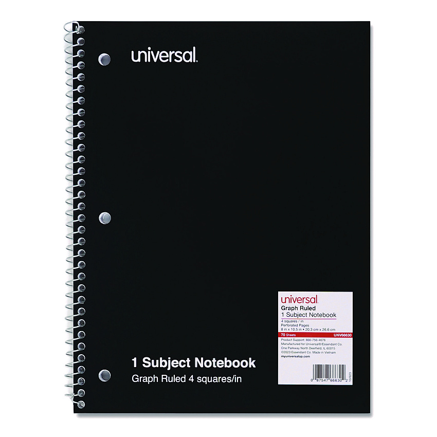 Universal Wirebound Notebook, 1-Subject, Quadrille Rule (4 sq/in), Black Cover, (70) 10.5 x 8 Sheets (UNV66630)