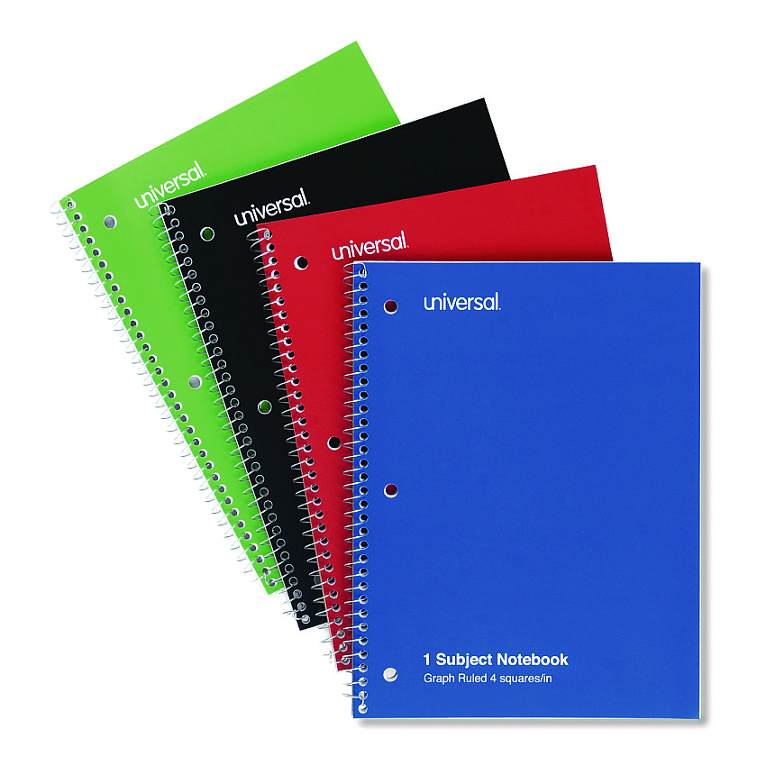 Universal Wirebound Notebook, 1-Subject, Quadrille Rule (4 sq/in), Assorted Cover Colors, (70) 10.5 x 8 Sheets, 4/Pack (UNV66634)