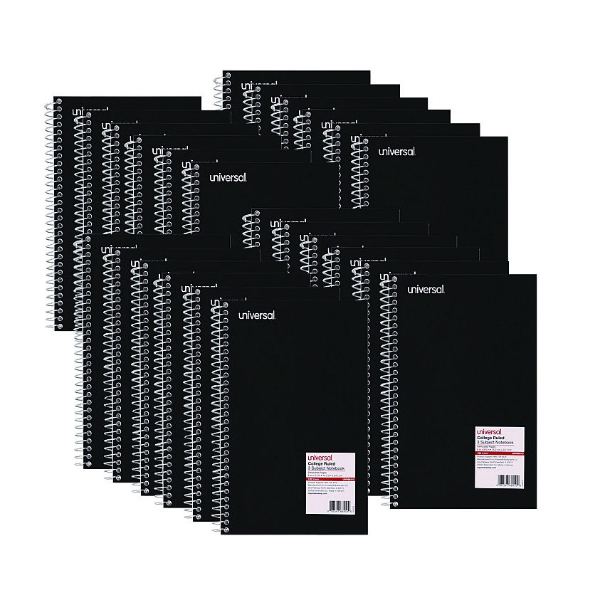 Universal Wirebound Notebook, 3-Subject, Medium/College Rule, Black Cover, (120) 9.5 x 6 Sheets (UNV66410)