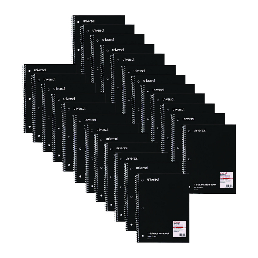 Universal Wirebound Notebook, 1-Subject, Wide/Legal Rule, Black Cover, (70) 10.5 x 8 Sheets (UNV66620)