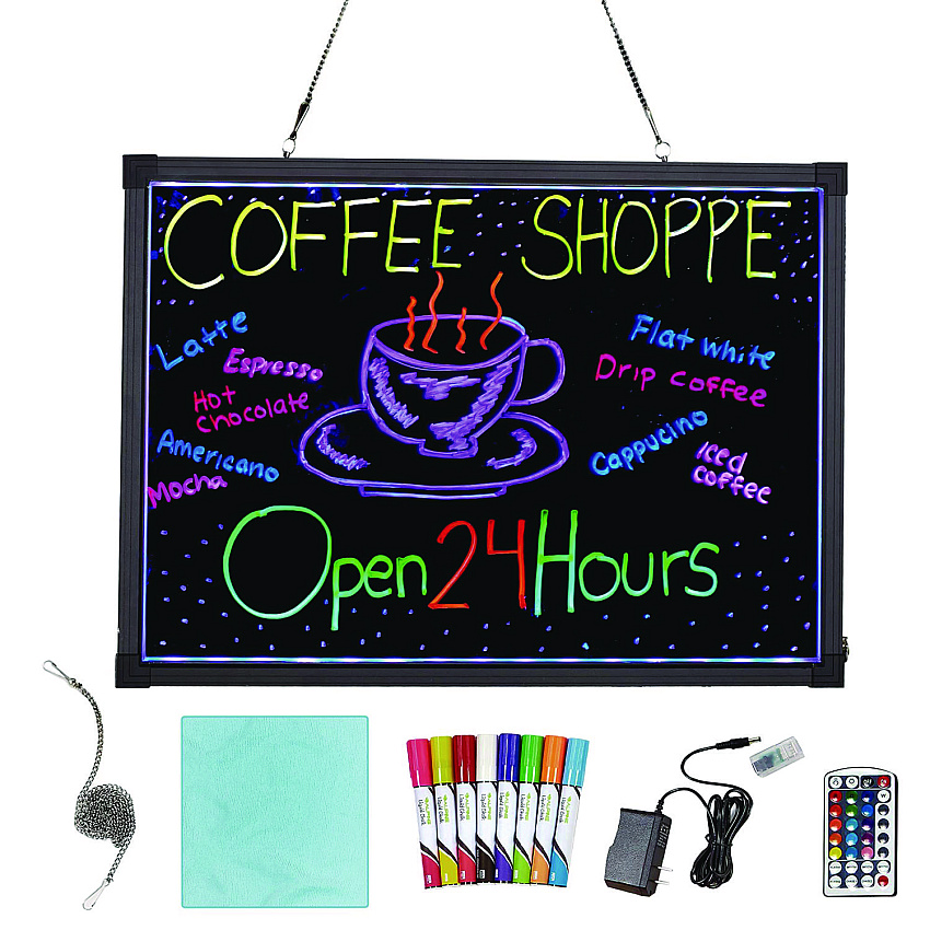 Alpine LED Illuminated Hanging Message Writing Board, 19.7" x 27.6", Black Surface, Black Aluminum Frame (ALHALP49503)