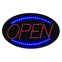 Alpine LED Oval Open Sign, 23 x 14, Black Frame, Blue/Red Graphics (ALHALP49702)