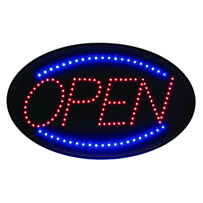 Alpine LED Oval Open Sign, 23 x 14, Black Frame, Blue/Red Graphics (ALHALP49702)