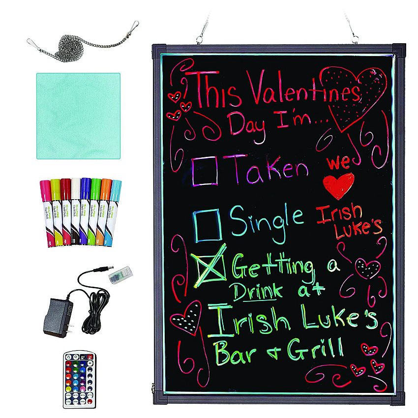 Alpine LED Illuminated Hanging Message Writing Board, 23.6" x 31.5", Black Surface, Black Aluminum Frame (ALHALP49504)