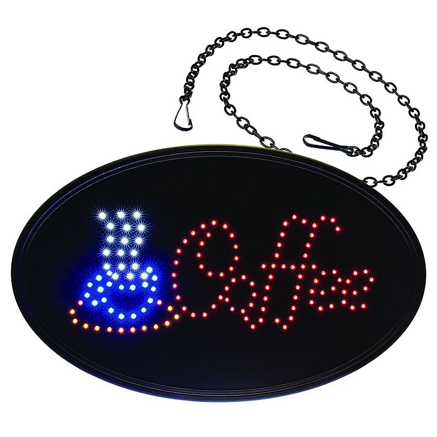 Alpine LED Oval Coffee Sign, 23 x 14, Black Frame, Blue/Red Graphics (ALHALP49705)