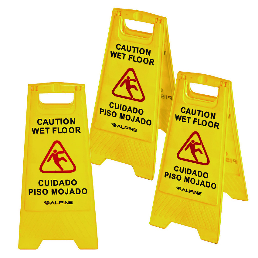 Alpine Bilingual Caution Wet Floor Sign, 11.8 x 0.7 x 24.6, Yellow, 3/Carton (ALHALP4993)