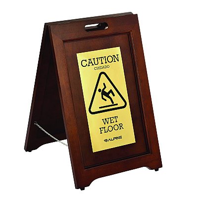 Alpine 2-Sided Plated Wooden A-Frame Bilingual Wet Floor Sign, 15 x 2 x 24, Brass (ALHALP499BRA)