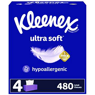 Kleenex Ultra Soft Facial Tissue, 3-Ply, White, 120 Sheets/Box, 4 Boxes/Pack, 6 Packs/Carton (KCC54315)
