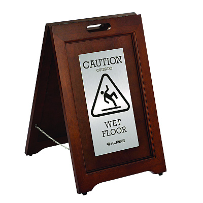 Alpine 2-Sided Plated Wooden A-Frame Bilingual Wet Floor Sign, 15 x 2 x 24, Stainless Steel (ALHALP499SSB)