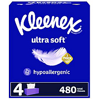 Kleenex Ultra Soft Facial Tissue, 3-Ply, White, 120/Box, 4 Boxes/Pack, 8 Packs/Carton (KCC54316)