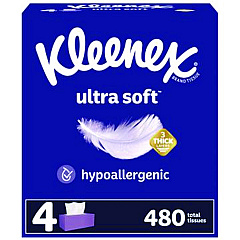 Kleenex Ultra Soft Facial Tissue, 3-Ply, White, 120/Box, 4 Boxes/Pack, 8 Packs/Carton (KCC54316)