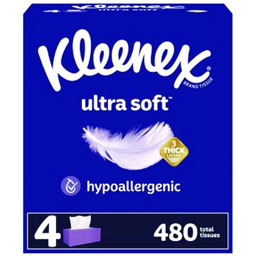 Kleenex Ultra Soft Facial Tissue, 3-Ply, White, 120/Box, 4 Boxes/Pack, 8 Packs/Carton (KCC54316)