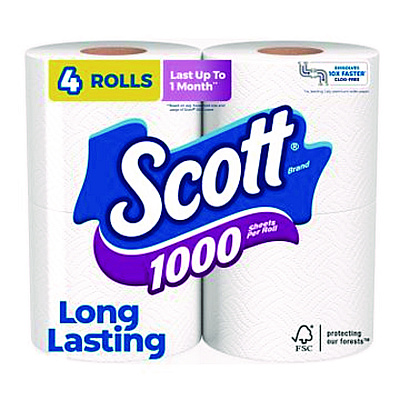 Scott 1000 Bathroom Tissue, Septic Safe, 1-Ply, White, 1,000 Sheets/Roll, 4 Rolls/Pack, 12 Packs/Carton (KCC10183)