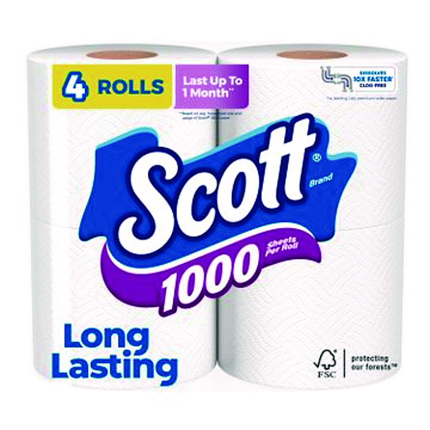 Scott 1000 Bathroom Tissue, Septic Safe, 1-Ply, White, 1,000 Sheets/Roll, 4 Rolls/Pack, 12 Packs/Carton (KCC10183)