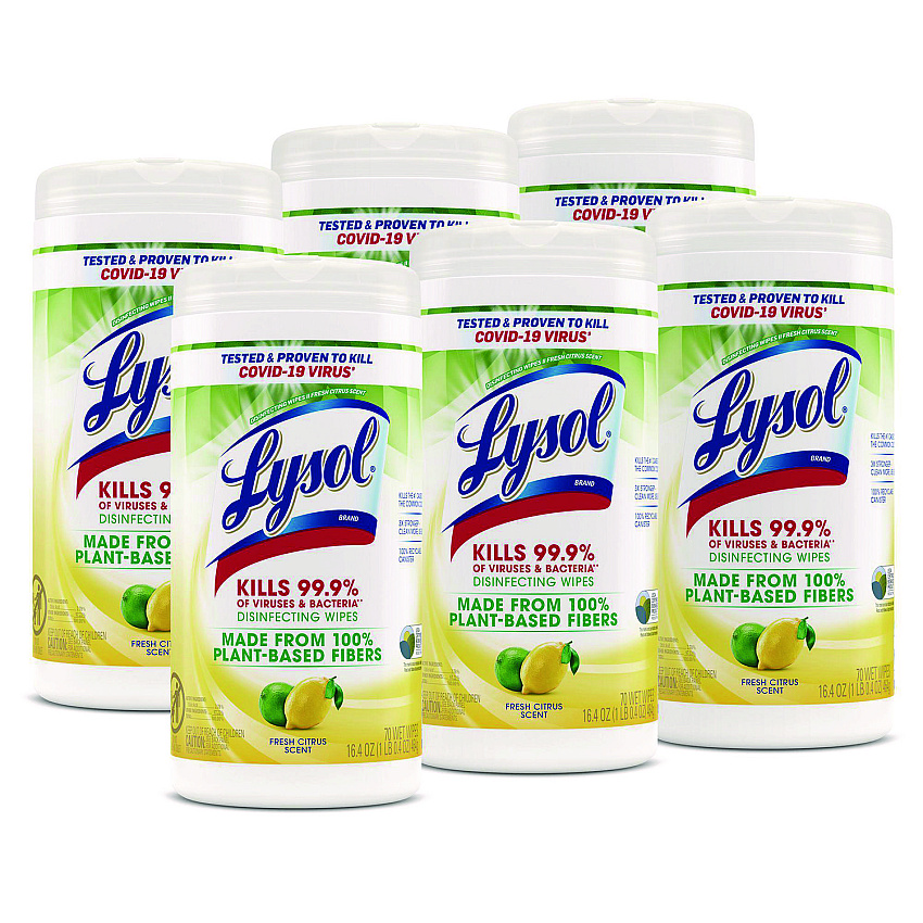 LYSOL Disinfecting Wipes II Fresh Citrus, 1-Ply, 7 x 7.25, White, 70 Wipes/Canister, 6 Canisters/Carton (RAC49128CT)