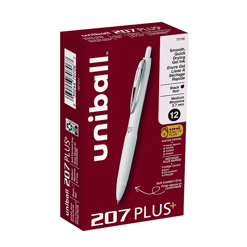 uniball 207 Plus+ Gel Pen, Retractable, Medium 0.7 mm, Black Ink, White Barrel, Dozen (UBC70706)