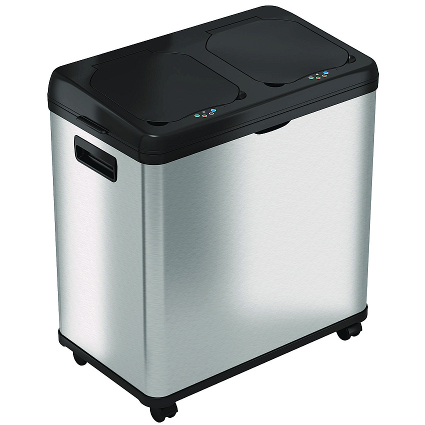 HLS Commercial Dual Compartment Sensor Recycle Bin and Trash Can with Wheels, 16 gal, Plastic/Stainless Steel, Silver/Black (HLMHLS16DCSS)