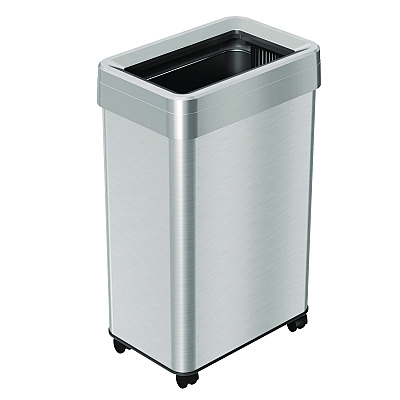 HLS Commercial Open Top Trash Can with Wheels, Rectangular, 16 gal, Plastic/Stainless Steel, Silver (HLMHLS16UOTM)