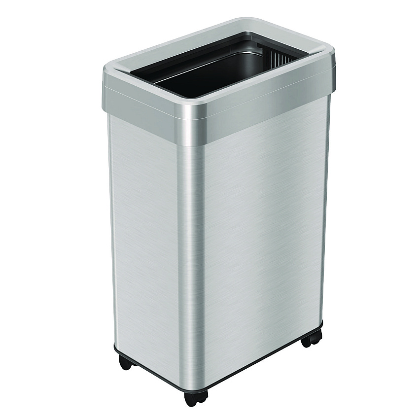 HLS Commercial Open Top Trash Can with Wheels, Rectangular, 16 gal, Plastic/Stainless Steel, Silver (HLMHLS16UOTM)