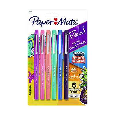 Paper Mate Flair Felt Tip Porous Point Pen, Stick, Medium 0.7 mm, Assorted Ink and Barrel Colors, 6/Pack (PAP1927997)