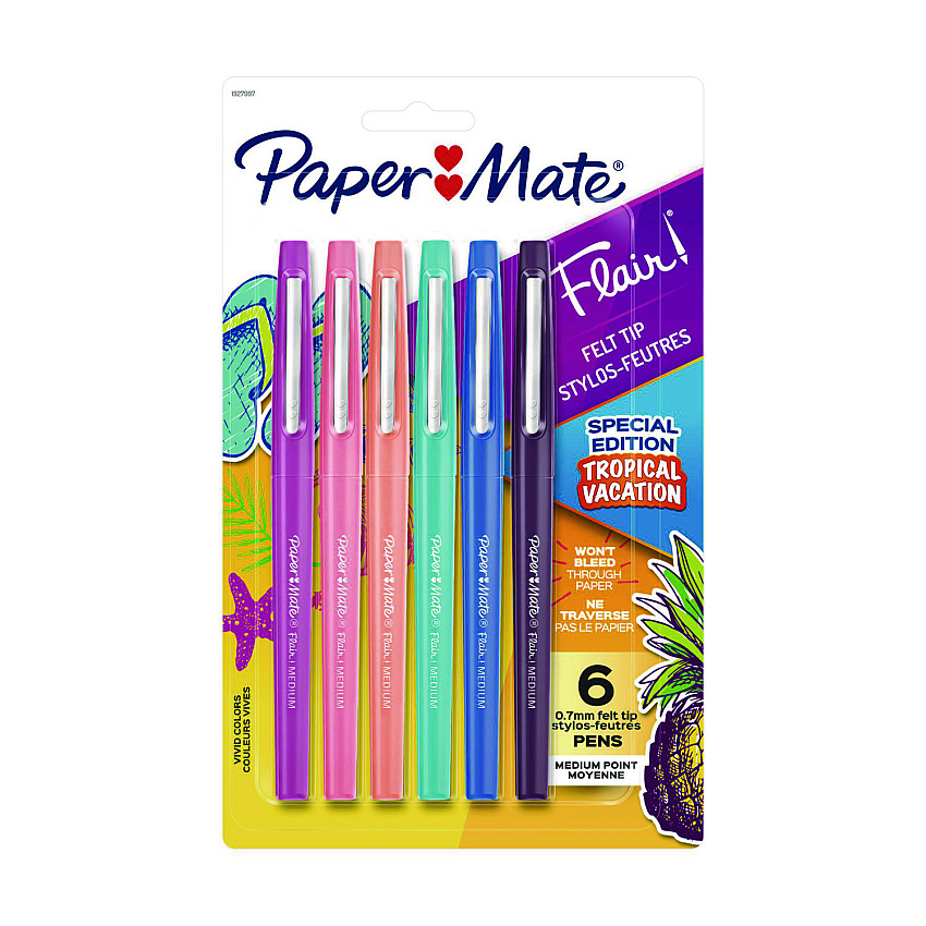 Paper Mate Flair Felt Tip Porous Point Pen, Stick, Medium 0.7 mm, Assorted Ink and Barrel Colors, 6/Pack (PAP1927997)