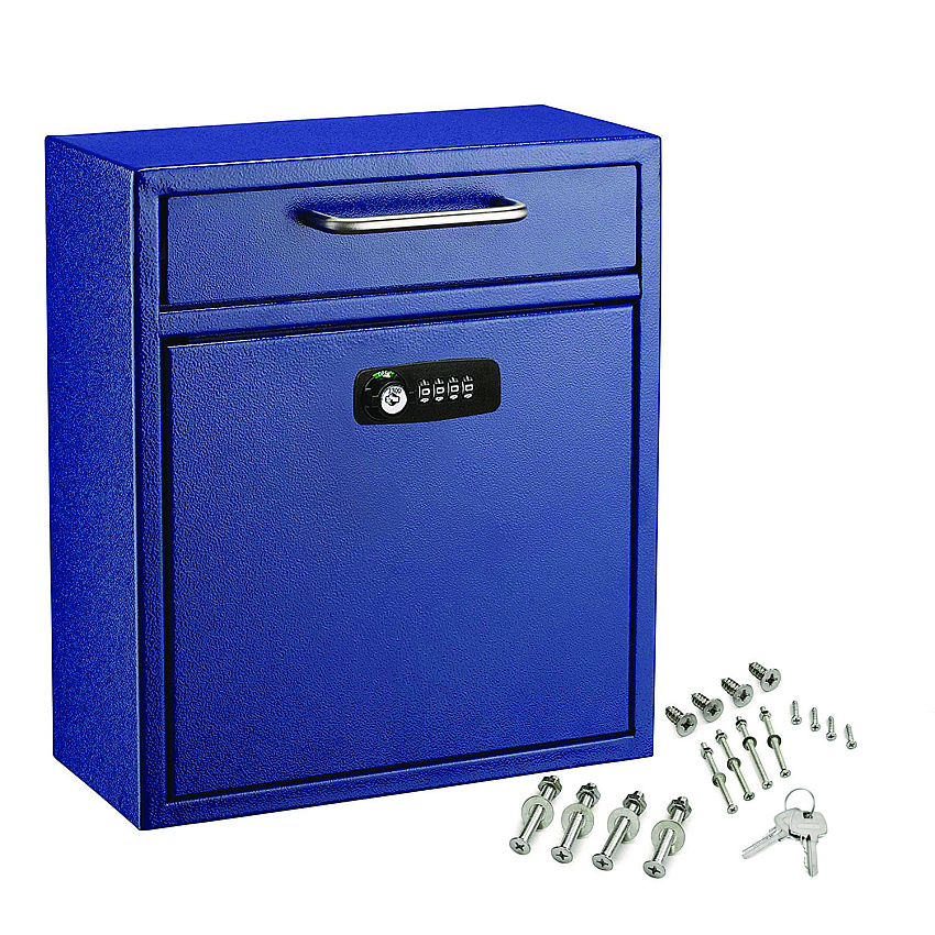 AdirOffice Medium Secure Drop Box Wall Mounted Locking Mail Box with Key and Combination Lock, 10.51 x 4.72 x 12, Blue (ALHI63105BLUKC)