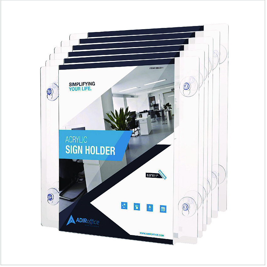 AdirOffice Clear Suction Acrylic Window Sign Holder, 8 x 11, Clear Frame, 6/Pack (ALHI6398511WSH6)