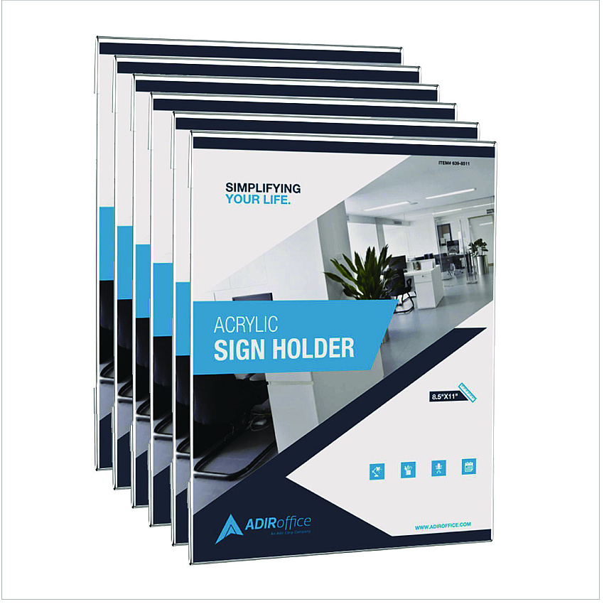 AdirOffice Wall Mount Side-Loading Acrylic Sign Holders, 8 x 11, Clear Frame, 6/Pack (ALHI63985116WM)