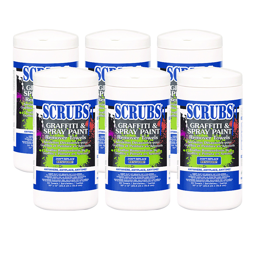 SCRUBS Graffiti and Paint Remover Towels, Citrus, 10 x 12, Neutral Scent, Orange on White, 30/Canister, 6 Canisters/Carton (ITW90130CT)