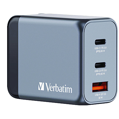 Verbatim 65 W 3-Port GaN Wall Charger, Black/Gray (VER32201)