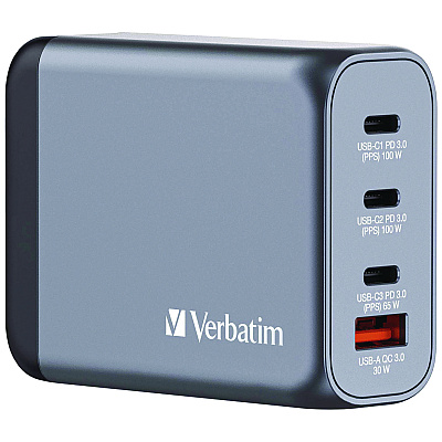 Verbatim 100 W 4-Port GaN Wall Charger, Black/Gray (VER32202)