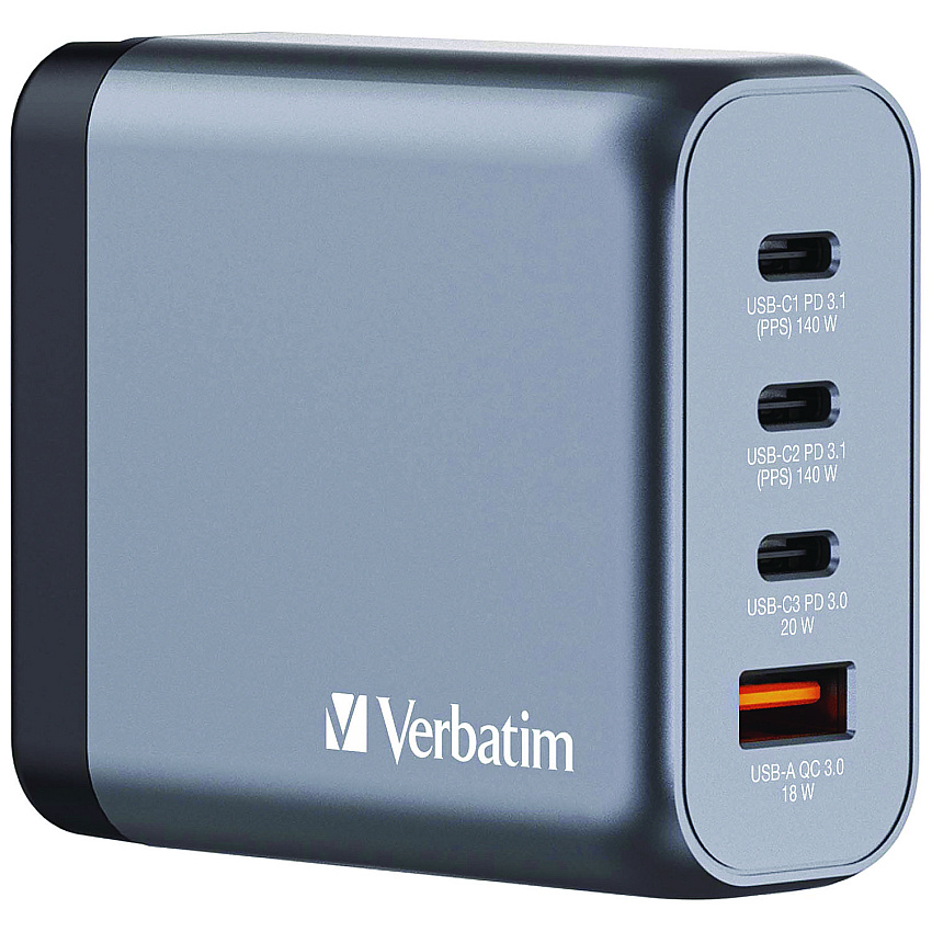 Verbatim 140 W 4-Port GaN Wall Charger, Black/Gray (VER32203)