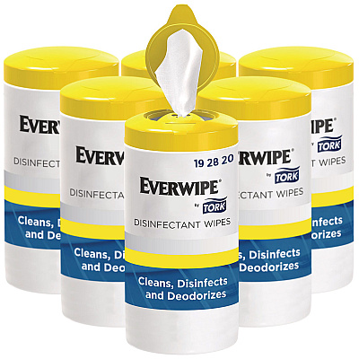 Everwipe by Tork Disinfectant Wipe Canisters, 1-Ply, 7 x 7, Lemon, White, 75 Sheets/Canister, 6/Carton (192820)
