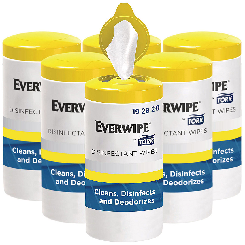 Everwipe by Tork Disinfectant Wipe Canisters, 1-Ply, 7 x 7, Lemon, White, 75 Sheets/Canister, 6/Carton (192820)