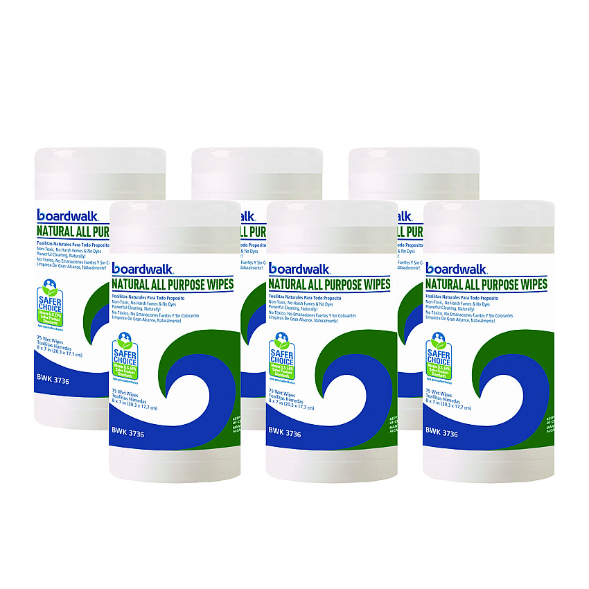 Boardwalk Natural All Purpose Wipes, 7 x 8, Unscented, White, 75 Wipes/Canister, 6 Canisters/Carton (BWK4736)