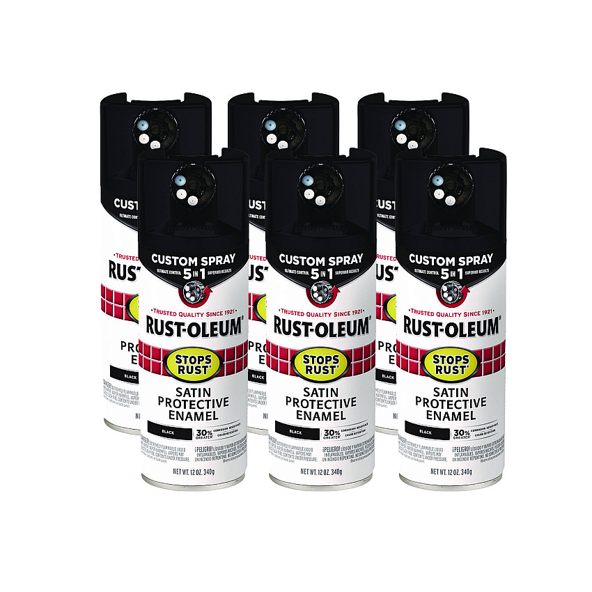 Rust-Oleum Stops Rust 5-in-1 Spray Paint, Satin Black, 12 oz Aerosol Can, 6/Carton (376869)