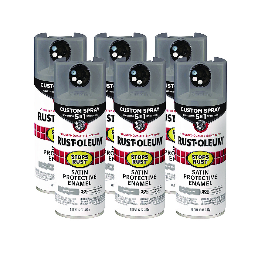 Rust-Oleum Stops Rust 5-in-1 Spray Paint, Satin Coastal Gray, 12 oz Aerosol Can, 6/Carton (376872)