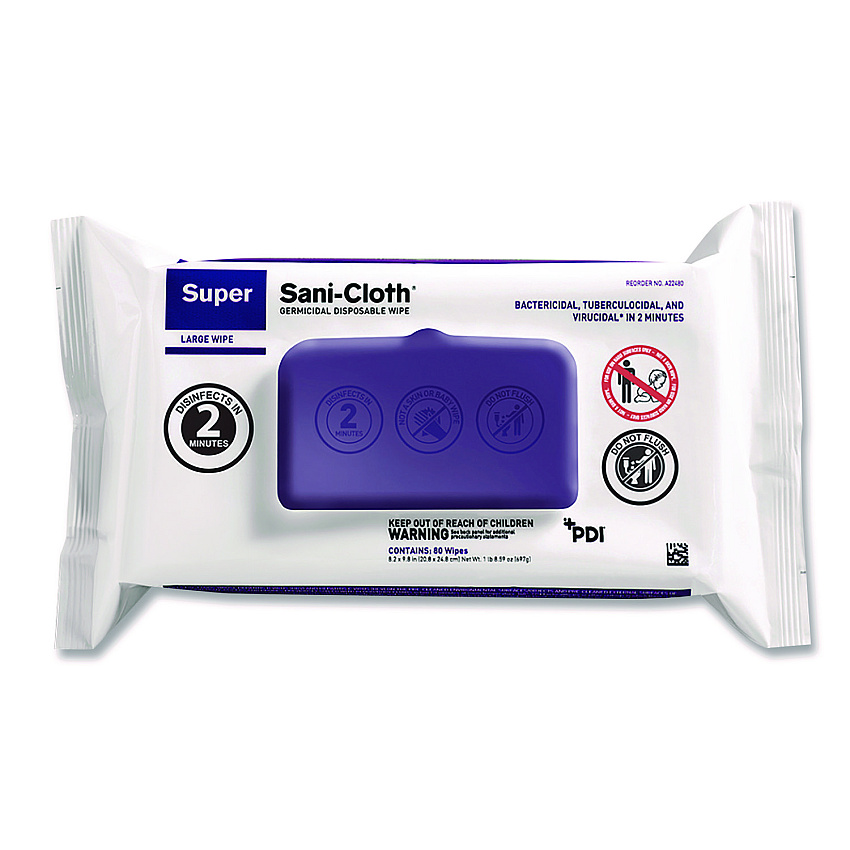 Sani Professional Super Sani-Cloth Germicidal Disposable Wipes, Large, 1-Ply, 8.2 x 9.8, Unscented, White, 80/Pack (PDIA22480)