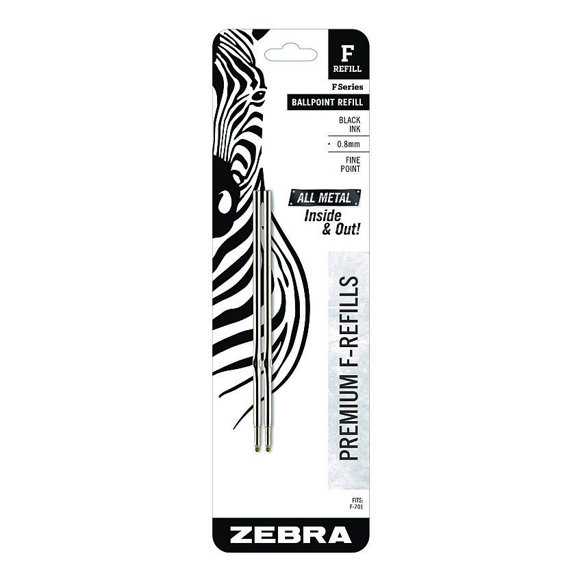 Zebra F-Series Ballpoint Stainless Steel Pen Refill, Fine 0.8 mm Conical Tip, Black Ink, 2/Pack (ZEB89112)