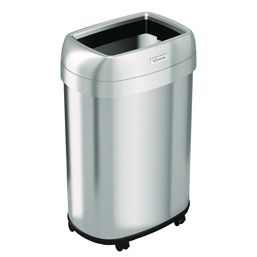 HLS Commercial Open Top Trash Can with Wheels, Oval, 13 gal, Plastic/Stainless Steel, Silver (HLMHLS13STVM)