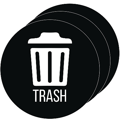 HLS Commercial Vinyl Decals, Trash, 4" Diameter, Black/White, 3/Pack (HLMHLSKERTRASH3)