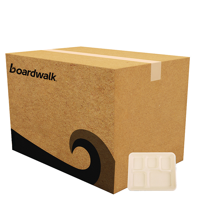 Boardwalk Bagasse PFAS-Free Food Tray, 5-Compartment, 8.26 x 0.98 x 10.9, Tan, Bamboo/Sugarcane, 500/Carton (BWKTRAY128NPFA)