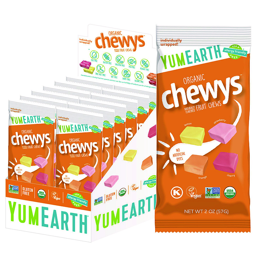 YumEarth Organic Chewys, Assorted Flavors, 2 oz Bag, 12/Carton (GRR22002291)