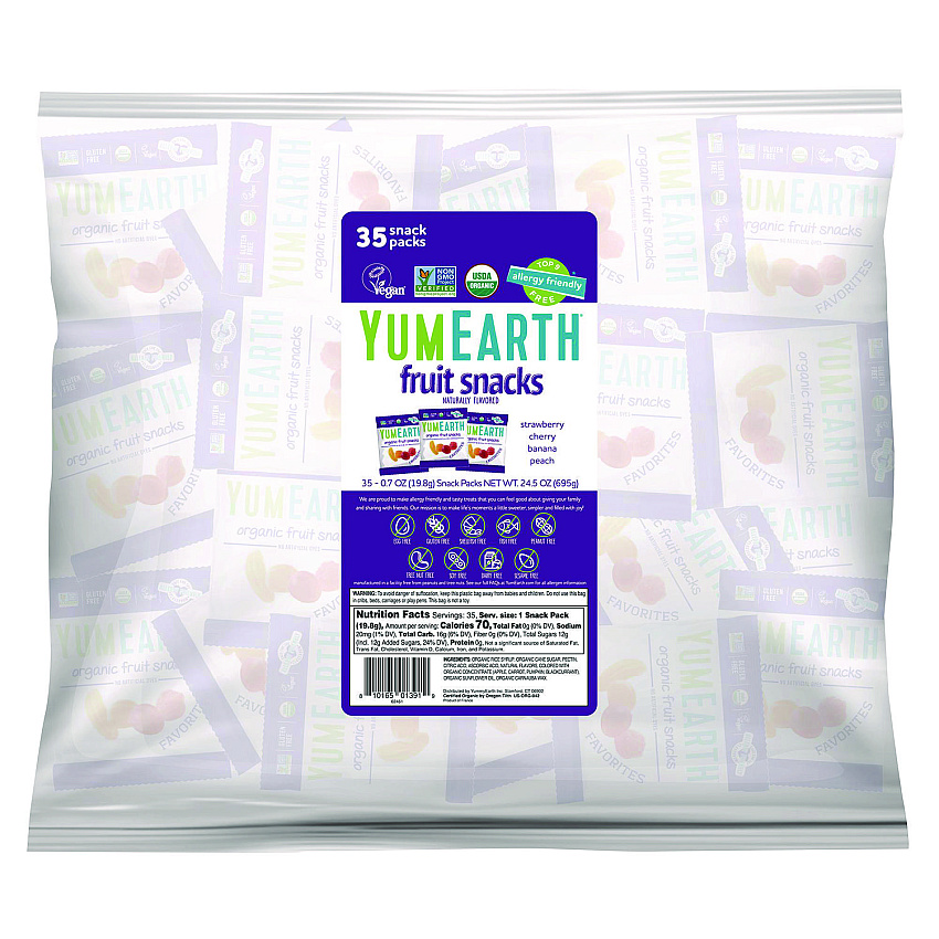 YumEarth Organic Fruit Pack Snacks, Assorted Flavors, 0.7 oz Bag, 35/Carton (GRR22002293)