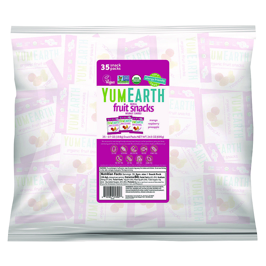 YumEarth Organic Tropical Fruit Pack Snacks, Assorted Flavors, 0.7 oz Bag, 35/Carton (GRR22002294)